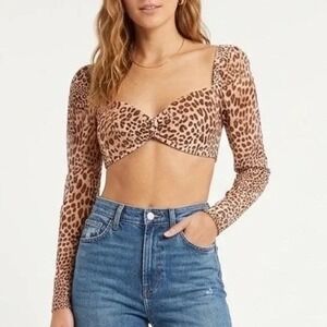 Naked Wardrobe Womens Leopard Print Long Sleeve Twisted Crop Top M